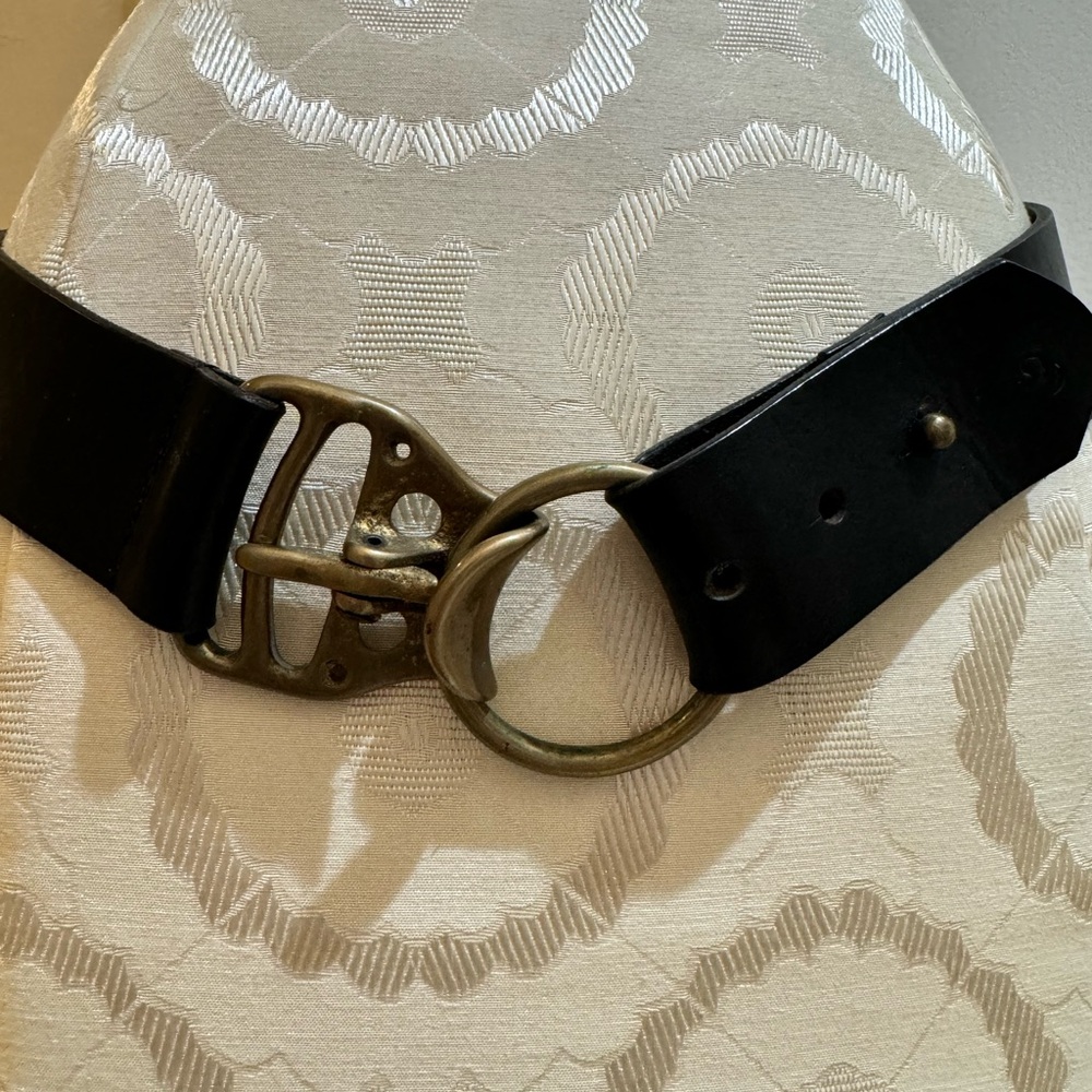 Isaiah Kincaid Vintage Brass Toggle Leather Black Adjustable Belt 32-34 USA